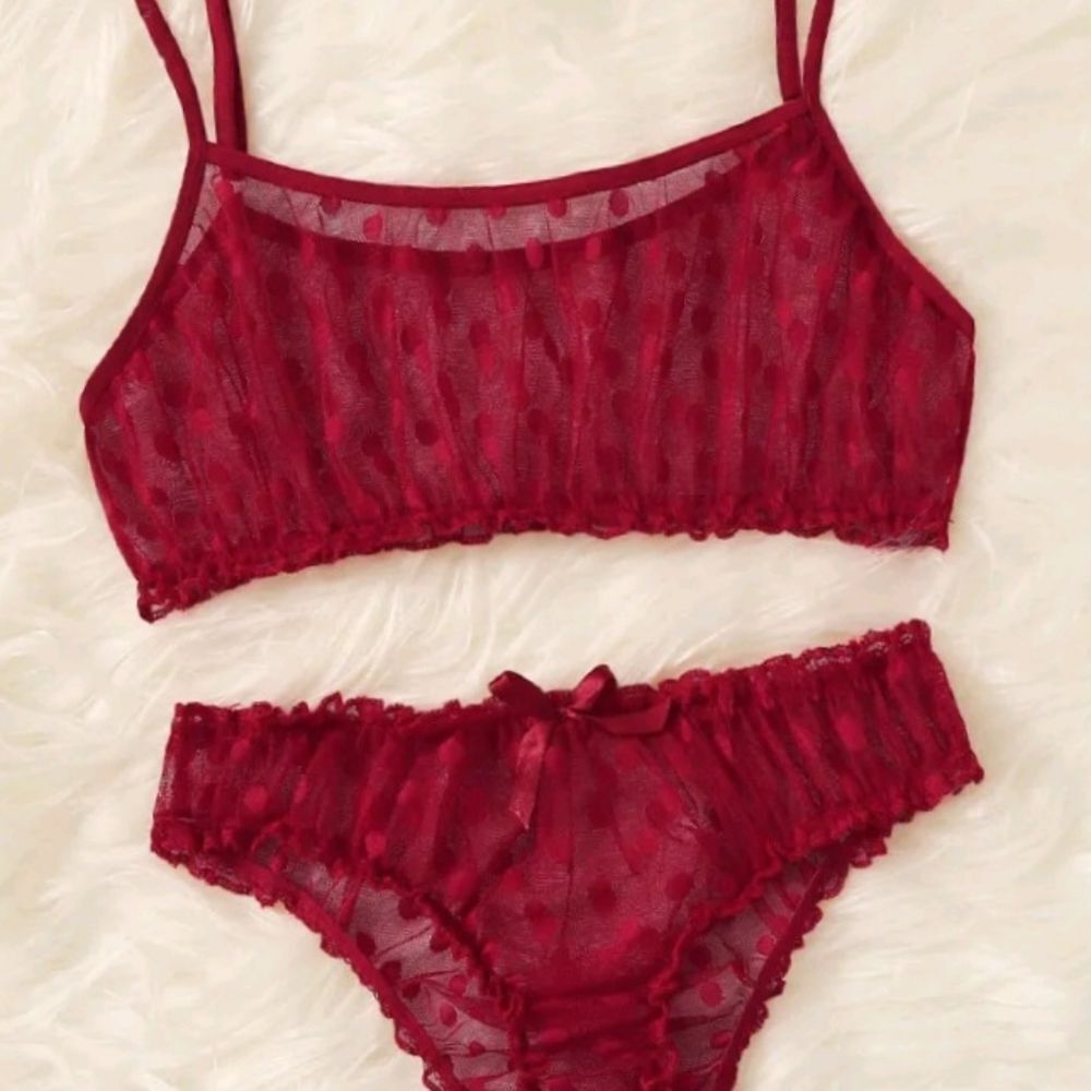 Red Polka Dot Lingerie Set • Mesh Bikini Style Lingerie Outfit - Picture 2 of 11